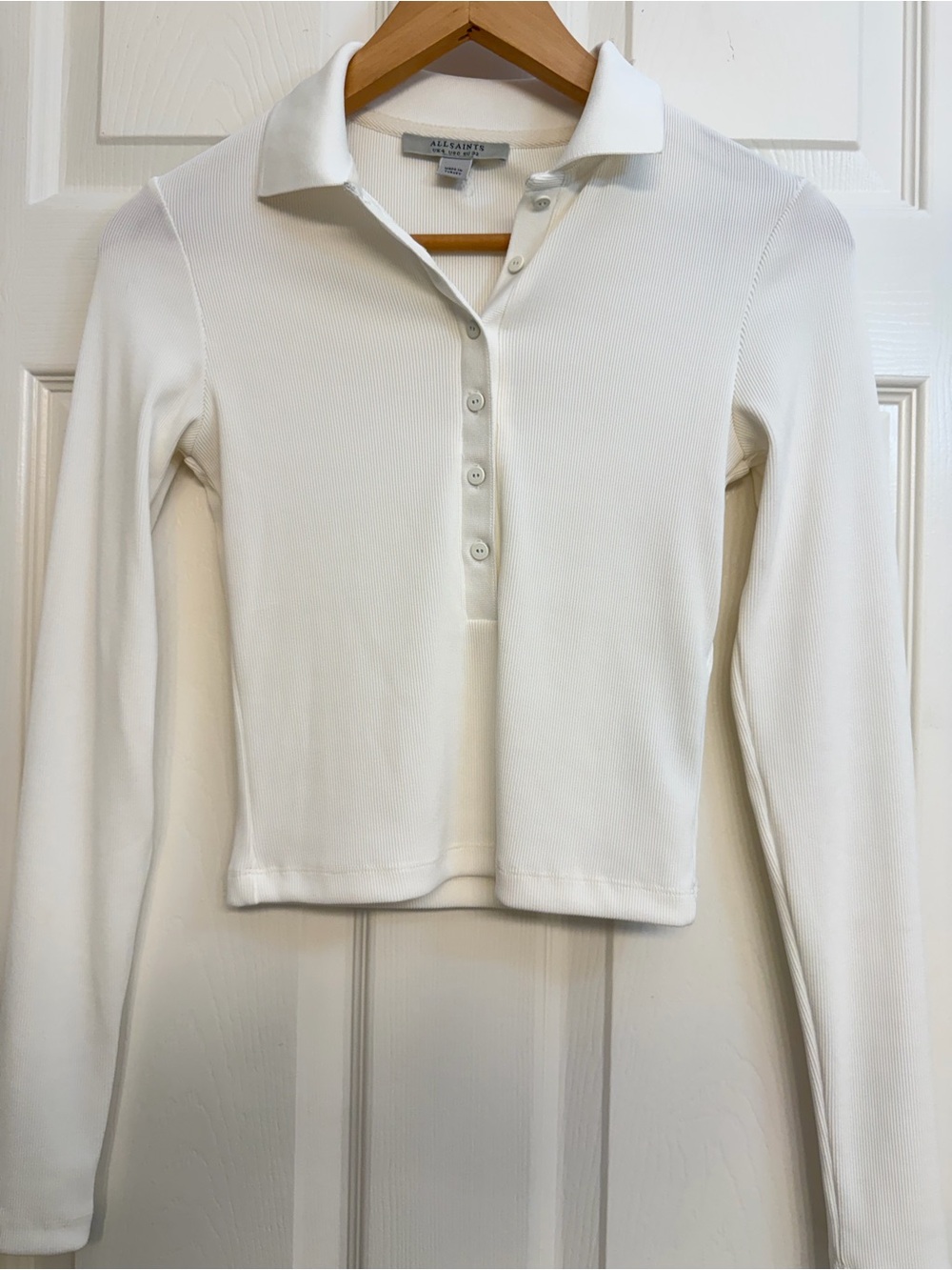 AllSaints Cream Ribbed Long Sleeve Polo size XS - Picture 3 of 7